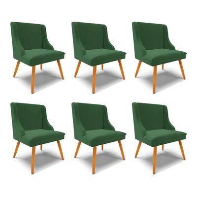 Kit 6 Cadeiras Decorativas Sala de Jantar Pés Palito de Madeira Firenze Veludo Verde/Natural G19 - Gran Belo