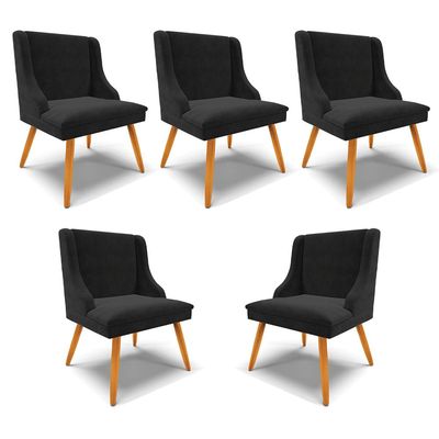 Kit 5 Cadeiras Decorativas Sala de Jantar Pés Palito de Madeira Firenze Suede Preto/Natural G19 - Gran Belo
