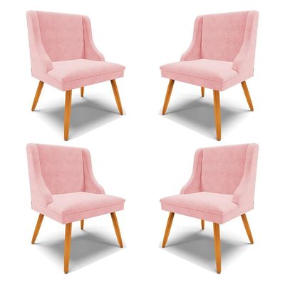 Kit 4 Cadeiras Decorativas Sala de Jantar Pés Palito de Madeira Firenze Suede Rosa Bebê/Natural G19 - Gran Belo