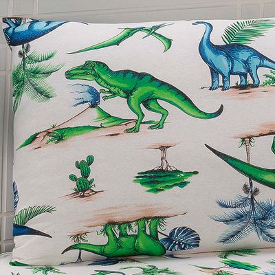 Jogo Cama Lençol Diverkids Solteiro Infantil Malha Soft 100% Algodão 2 Peças - Dinossauro Verde Azul
