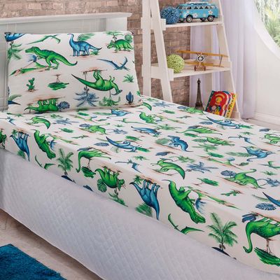 Jogo Cama Lençol Diverkids Solteiro Infantil Malha Soft 100% Algodão 2 Peças - Dinossauro Verde Azul