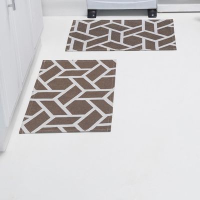 Kit Passadeira Tapete Cozinha 3 Peças Jacquard Base Antiderrapante - Geométrico Avelã