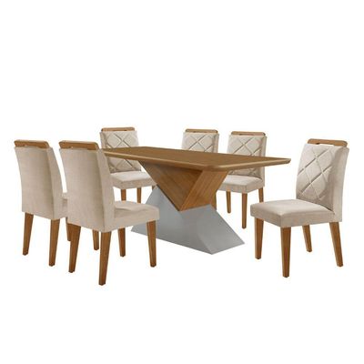 Mesa Sala De Jantar Aster 180cm E 6 Cadeiras Melissa Moderna Veludo Creme/off White/imbuia