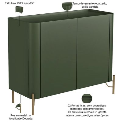 Buffet Para Sala de Jantar 2 Portas 1 Gaveta Pés Industrial Dourado Naim I03 Musgo - Lyam