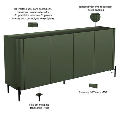 Buffet Para Sala de Jantar 4 Portas 1 Gaveta Pés Industrial Preto Naim I03 Musgo - Lyam