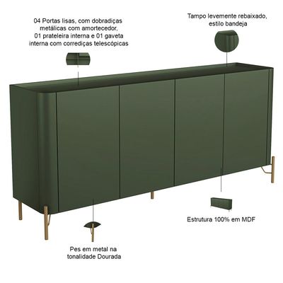 Buffet Para Sala de Jantar 4 Portas 1 Gaveta Pés Industrial Dourado Naim I03 Musgo - Lyam