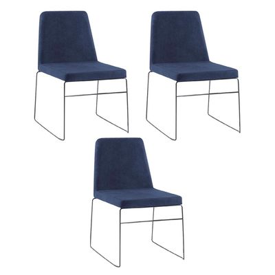 Kit 3 Cadeiras Decorativa Sala de Jantar Anne Linho Azul Marinho - Gran Belo