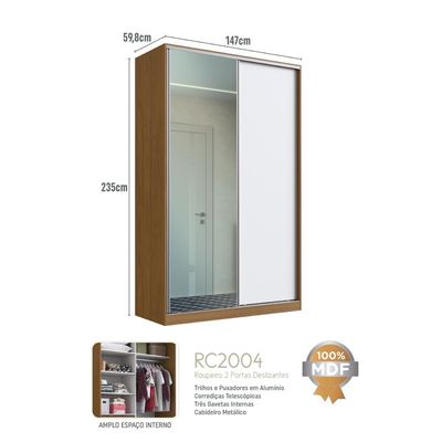 Guarda Roupa Solteiro 1 Espelho 2 Portas 3 Gavetas Freijó Natural Branco 147x59,8x235cm RC 2004 Emovell