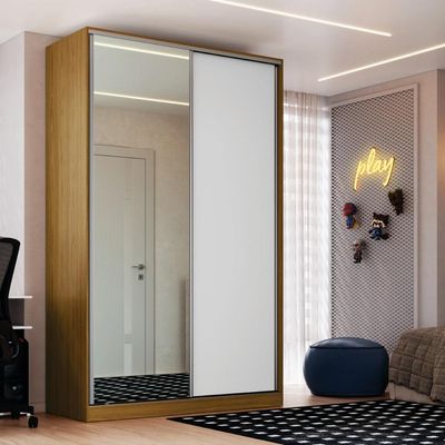 Guarda Roupa Solteiro 1 Espelho 2 Portas 3 Gavetas Freijó Natural Branco 147x59,8x235cm RC 2004 Emovell
