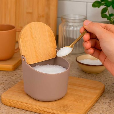 Saleiro com Tampa Bambu Marrom Mesa Porta Condimentos 600ml