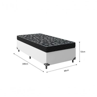 Cama Box Solteiro 88 Tecido Sintético Branco Com Colchão Espuma D20 - Tampo Preto 12cm