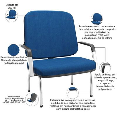 Cadeira De Escritório Recepção Com Braço Fixa Cromada Magno P03 Crepe Azul - Lyam Decor