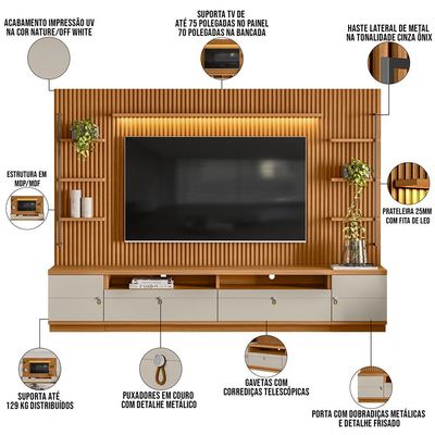 Rack Para Sala com Painel Ripado Para TV 75 Pol 268cm Orizon L05 Nature Off White - Lyam Decor