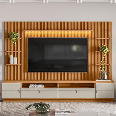 Rack Para Sala com Painel Ripado Para TV 75 Pol 268cm Orizon L05 Nature Off White - Lyam Decor