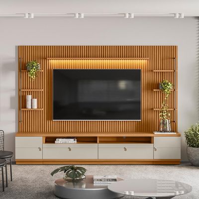 Rack Para Sala com Painel Ripado Para TV 75 Pol 268cm Orizon L05 Nature Off White - Lyam Decor
