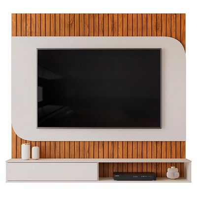 Painel Ripado TV 65 Pol com Bancada Suspensa 150cm Ezra D05 Freijó Off White - Lyam Decor