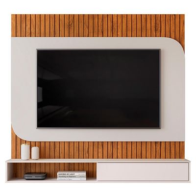 Painel Ripado TV 65 Pol com Bancada Suspensa 150cm Ezra D05 Freijó Off White - Lyam Decor