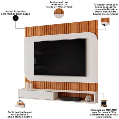 Painel Ripado TV 65 Pol com Bancada Suspensa 150cm Ezra D05 Freijó Off White - Lyam Decor
