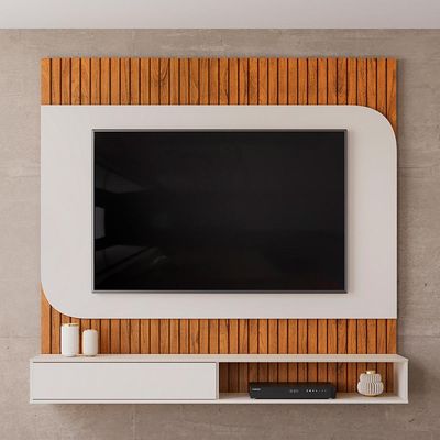 Painel Ripado TV 65 Pol com Bancada Suspensa 150cm Ezra D05 Freijó Off White - Lyam Decor