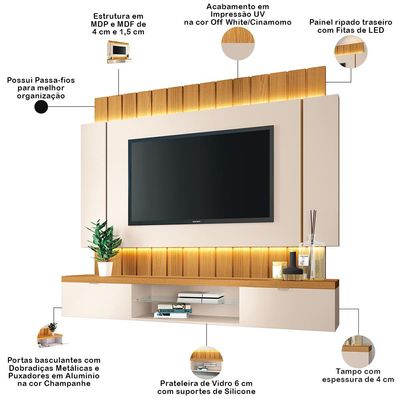 Painel Para TV 55 Pol Ripado com Bancada Suspensa Luzzi B01 Off White Cinamomo - Lyam Decor