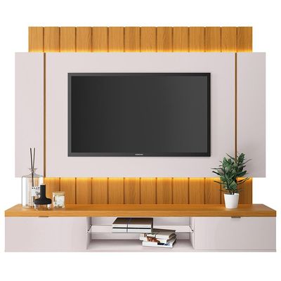 Painel Para TV 55 Pol Ripado com Bancada Suspensa Luzzi B01 Off White Cinamomo - Lyam Decor