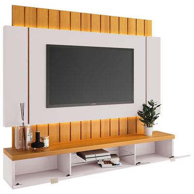 Painel Para TV 55 Pol Ripado com Bancada Suspensa Luzzi B01 Off White Cinamomo - Lyam Decor