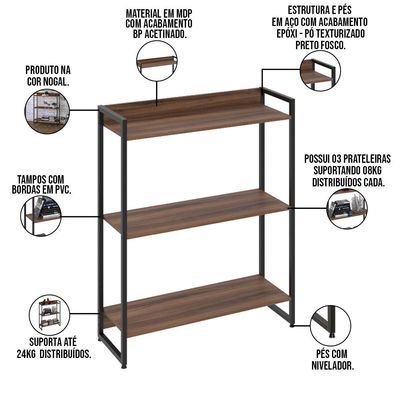 Estante Multiuso Para Escritório Industrial 03 Prateleiras Areta 104x80cm C01 Nogal - Lyam Decor