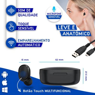 Fone Ouvido Bluetooth Preto Microfone In-Ear Fones Dots