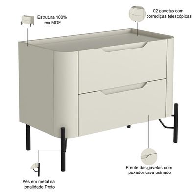 Mesa De Cabeceira Orgânica 2 Gavetas Pés Industrial Preto Bliss I03 Luna - Lyam Decor