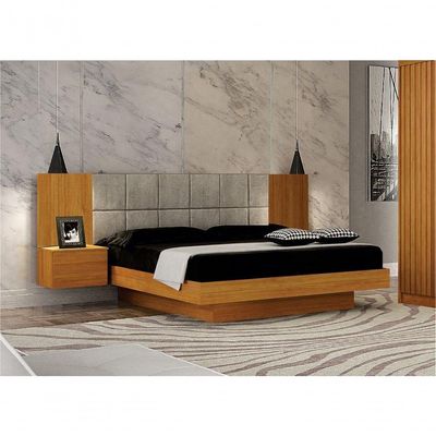Cama De Casal Queen Size Braga Com Mesa De Cabeceira E Painel Almofadado Leifer Moveis Cinamomo,joli Palha