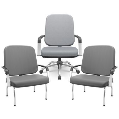 Kit Cadeira De Escritório Giratória E 2 Cadeiras Fixas Cromada Magno P03 Vinil Cinza - Lyam Decor