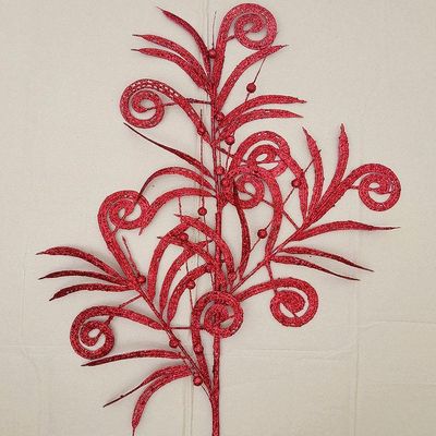 Plantas Folhas Enfeite Natal Gliter Vermelho 70cm Kit 6pçs