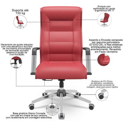 Cadeira De Escritório Giratória Presidente Base Cromada Kirk P03 Vinil Vermelho - Lyam Decor
