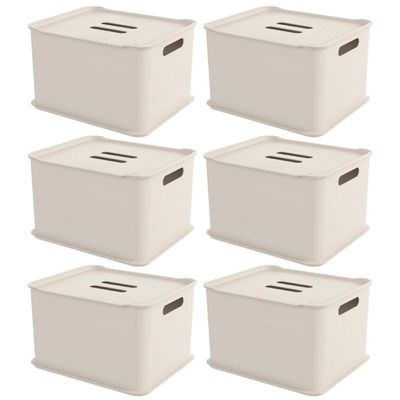 Kit 6 Caixas Organizadoras 23,9L com Tampa Cesto Brinquedos Closet Bege Coza Fit
