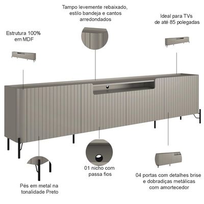 Rack Para Sala de Estar TV 85 Pol 4 Portas Brise Pés Industrial Preto Alef I03 Grigio - Lyam Decor