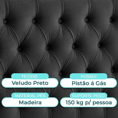 Cabeceira Estofada Solteiro Luna Nature Veludo Preto 88x136