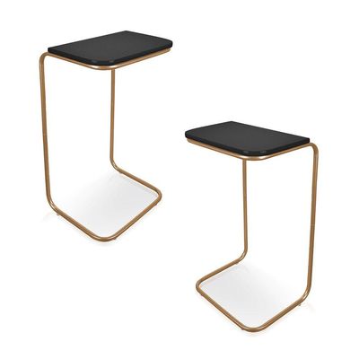 Kit 2 Mesas Lateral Tampo Multiuso P/ Sófá Base Dourado