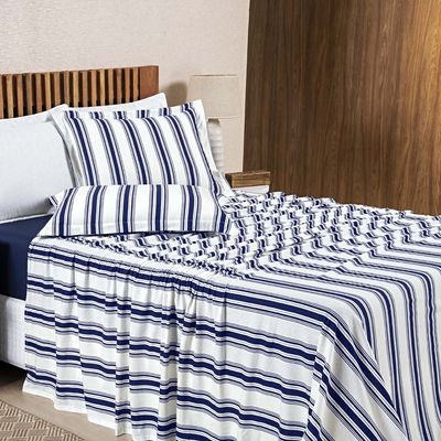 Jogo Cama Lençol Daily King Malha 100% Algodão Listrado 4 Peças - Azul Marinho