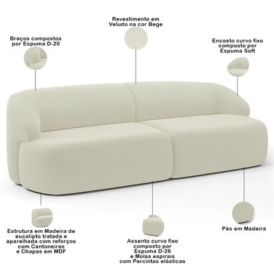 Sofá 3 Lugares Curvo Orgânico com 02 Poltronas Para Sala Living 220cm Barolo L06 Veludo Bege - Lyam Decor