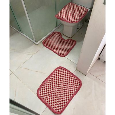 Kit 3 Peças Tapete Banheiro Xadrez Daminha Taolha De Piso Chão 50x40cm Várias Cores Vermelho Liso