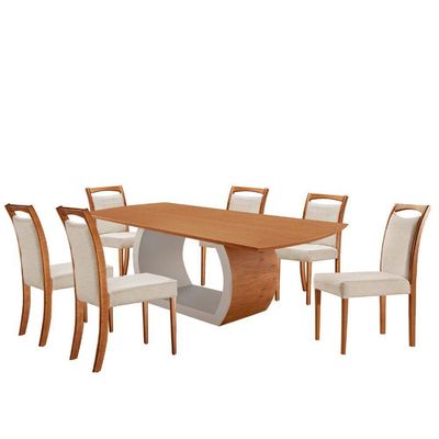 Mesa Zeus 180cm Tampo Laminado Canto Barril Com 6 Cadeiras Linho Off Imbuia Natural