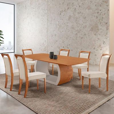 Mesa Zeus 180cm Tampo Laminado Canto Barril Com 6 Cadeiras Linho Off Imbuia Natural