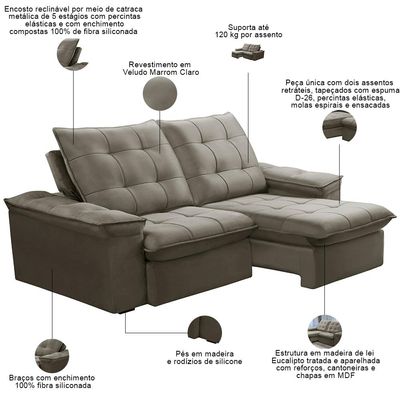 Sofá Retrátil Reclinável Para Sala 3 Lugares 210cm Nijma F04 Veludo Marrom Claro - Lyam Decor