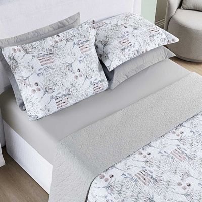 Kit Cobre Leito Colcha Maris Casal Padrão Estampado Dupla Face Percalle 200 Fios 3 Peças Protea Cinza