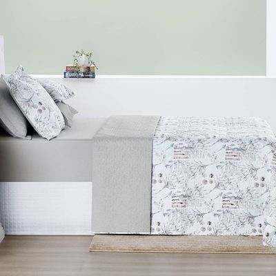 Kit Cobre Leito Colcha Maris Casal Padrão Estampado Dupla Face Percalle 200 Fios 3 Peças Protea Cinza
