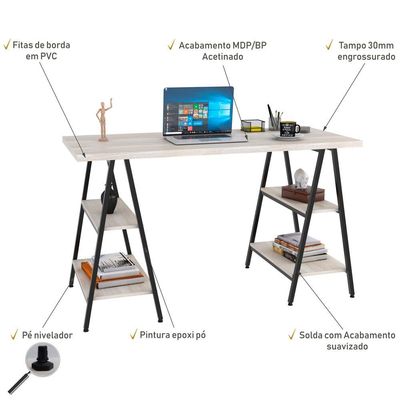 Mesa Para Escritório Estilo Industrial Cavalete Form C01 135cm Snow - Lyam Decor
