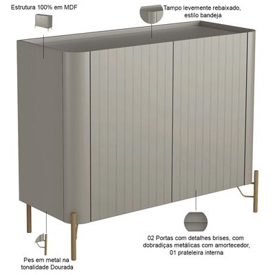 Aparador Buffet Sala de Jantar 2 Portas Brise Pés Industrial Dourado Naim I03 Grigio - Lyam Decor