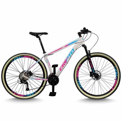 Bicicleta Aro 29 Cripto 21 Marchas Freio Disco E Suspensão Pneu Bege - Branco/azul E Rosa - 21" Branco/azul E Rosa