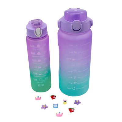 Garrafa Galão De Agua 2l E 900ml Degrade Com Figurinhas Adesivos 3d Tampa Lilás