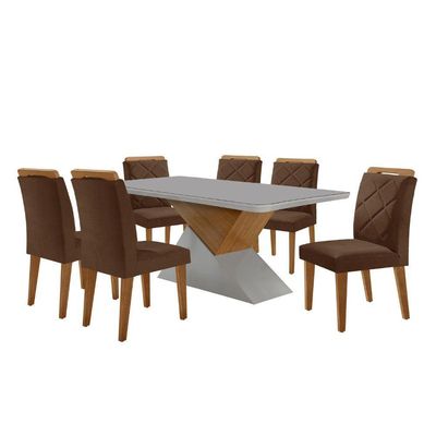 Mesa Sala De Jantar Aster 180cm E 6 Cadeiras Melissa Moderna Veludo Marrom/off White/imbuia